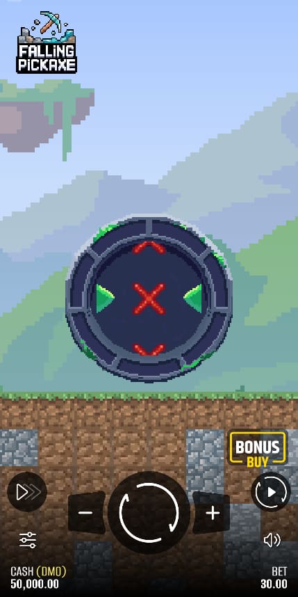 Falling Pickaxe on iPhone – Bonus Buy feature menu with 50,000 balance and 30 bet