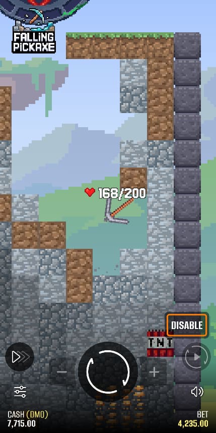 Falling Pickaxe gameplay on Android – pickaxe durability 168/200, bet 4,235, balance 7,715