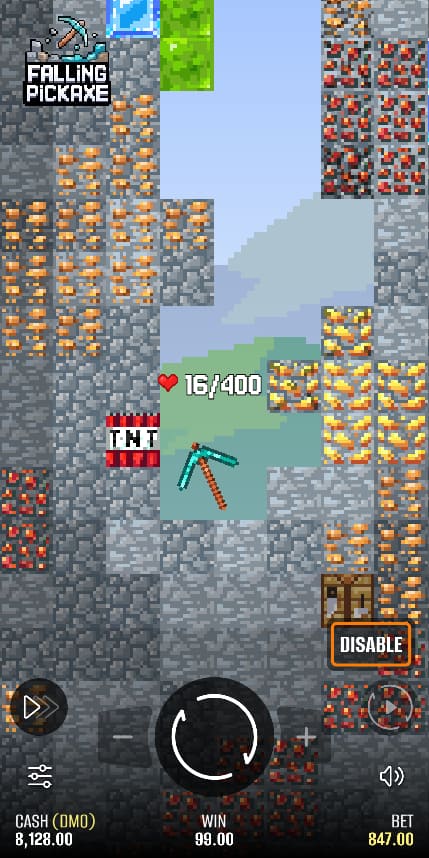 Falling Pickaxe mobile screen – TNT block explosion with HP 16/400, win 99, bet 847