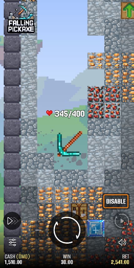 Falling Pickaxe on phone – pickaxe health 345/400, win 30, bet 2,541, balance 1,510