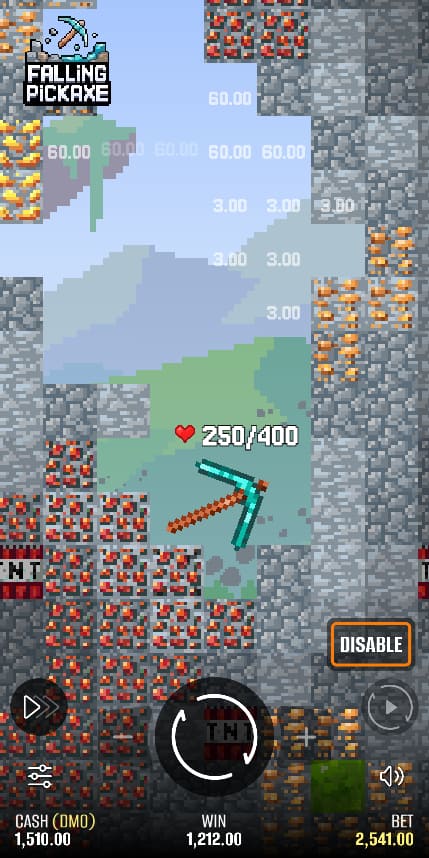 Falling Pickaxe mobile gameplay – HP 250/400, win 1,212, bet 2,541, balance 1,510 with multiple multipliers