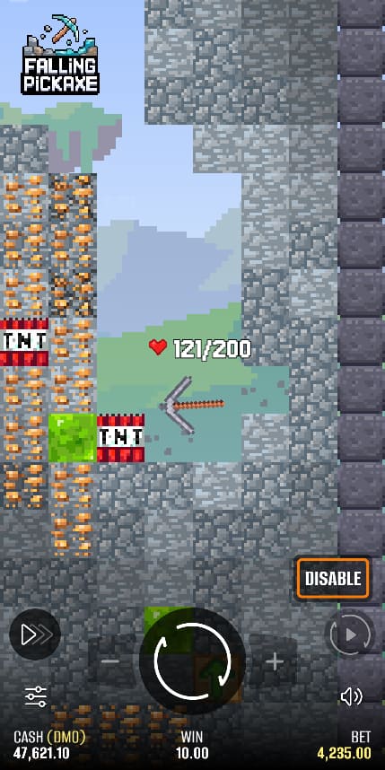 Falling Pickaxe – début de manche, durabilité 121/200, deux blocs TNT, gain 10,00
