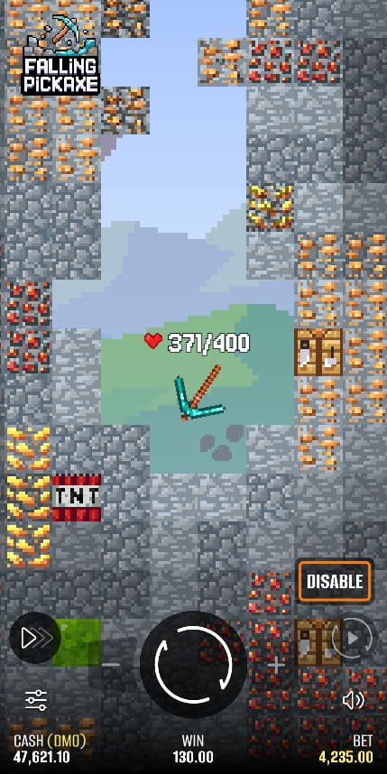 Falling Pickaxe – milieu de manche, durabilité 371/400, bloc TNT visible, gain 130,00