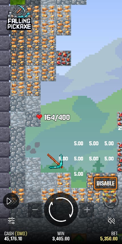 Falling Pickaxe – pioche 164/400 HP, trois lignes à 5,00, gain 3 405,00